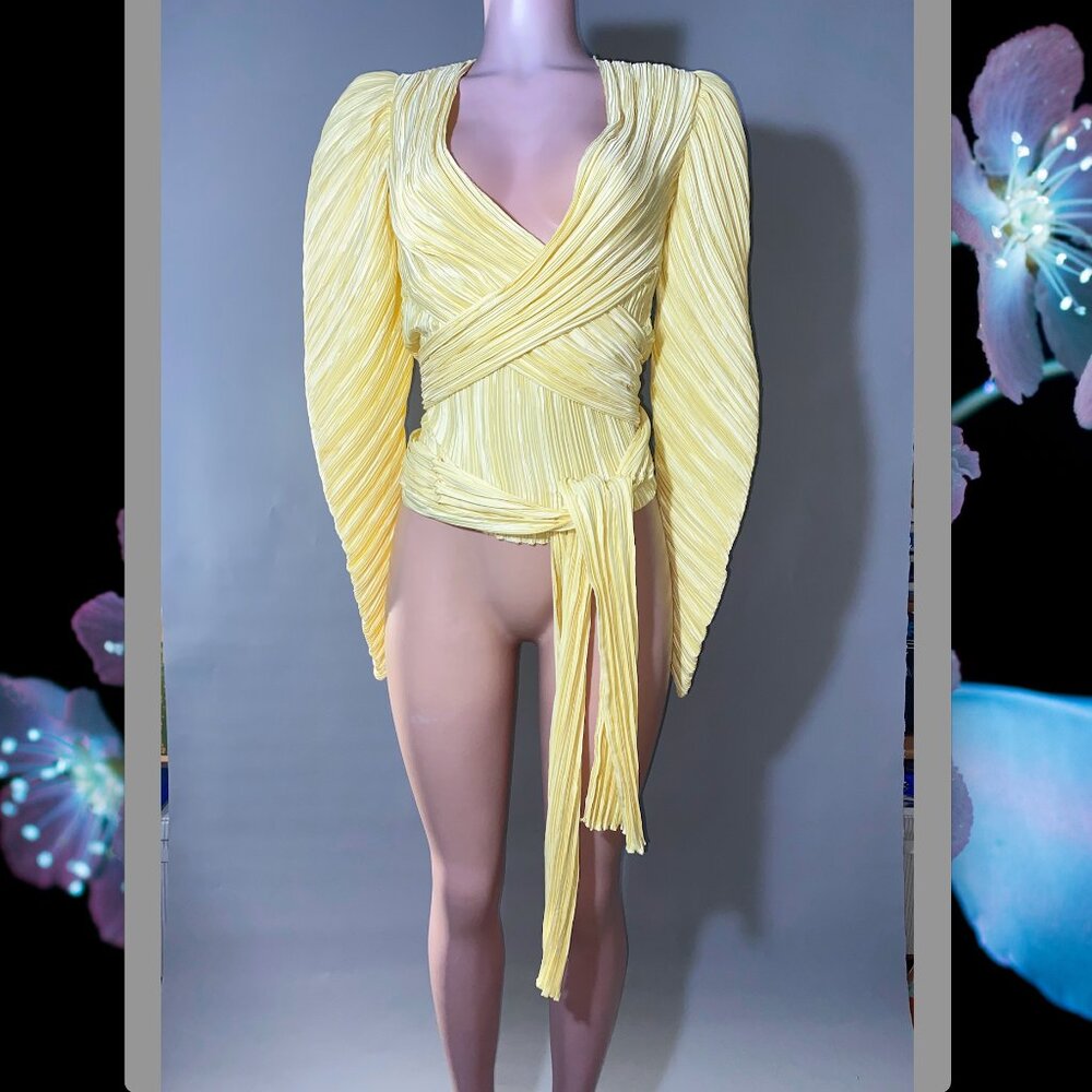 Mary McFadden Couture 1980s Pleated Wrap Around Blouse with Long Sleeves (Small)